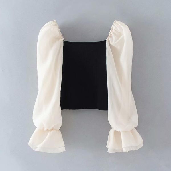 

women's t-shirt [deat] 2021 spring autumn fashion tide flare sleeve slash neck splicing knitting temperament women loose 13u696, White