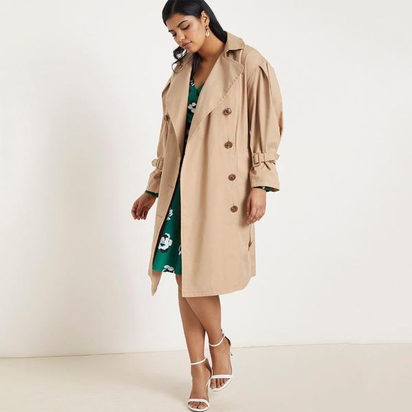 

plus size autumn new women's casual trench coat oversize double breasted vintage washed outwear loose clothing1, Tan;black