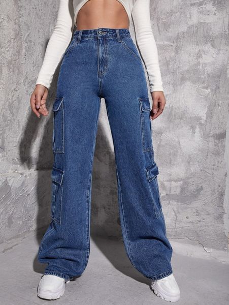 

zipper fly flap pocket cargo jeans 358e#, Blue