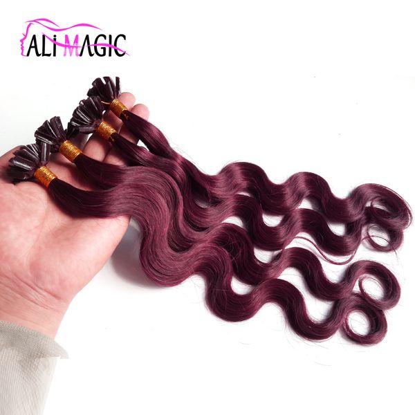 

pre bond u tip hair extension brazilian body wave #99j red wine 14-24inch 100g/100strands keratin glue human hair, Black