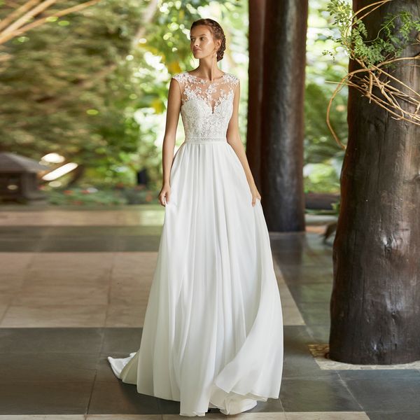 

2021 new beach es chiffon cap sleeve jewel lace applique backless boho wedding gown bridal aato, White