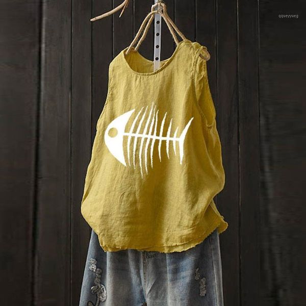 

women's t-shirt summer for women simple fishbone print sleeveless cotton linen t shirt loose fashion lazy 1, White