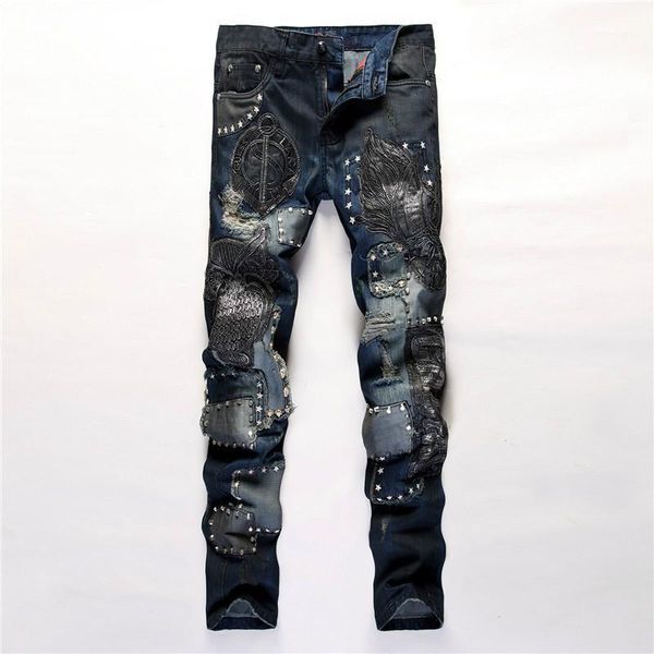 

jean pantolon erkek design men's embroidery stitching pants slim straight jeans vaqueros hombre skinny erkek jean pantolon1, Blue