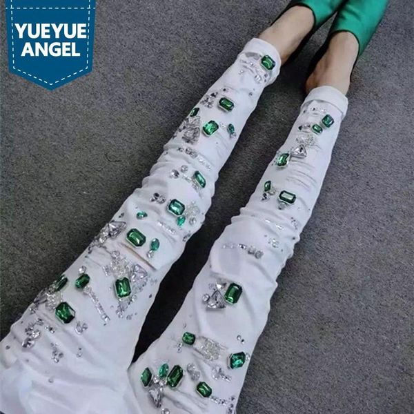 

women's jeans vintage green diamonds mid waist womens casual female trousers fashion skinny stretch pencil pants hole, Blue
