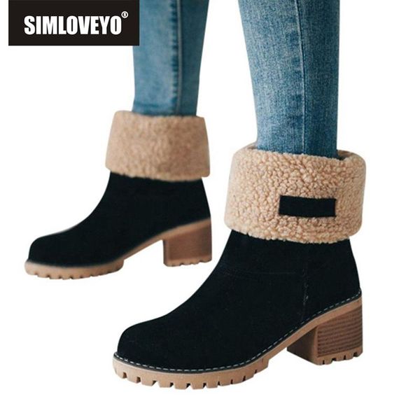 

boots simloveyo brand women female winter shoes fur warm snow square heels ankle sapato feminino botas feminina bota, Black