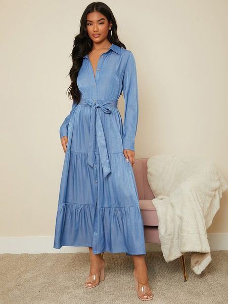 

ruffle hem single button placket belted shirt dress she, Black;gray