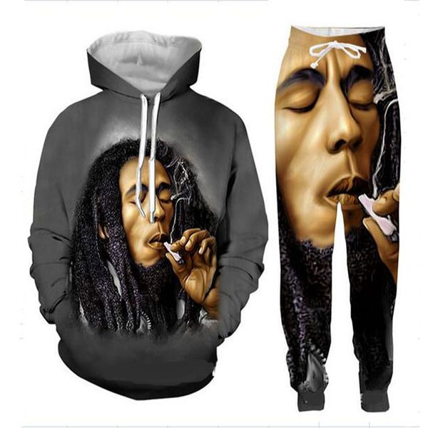 

wholesale-----bob marley 3d all over print tracksuits hoodie sweatshirts+joggers pants suit women men p07, Gray