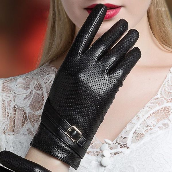 

five fingers gloves 2021 genuine leather women female elegant black sheepskin spring autumn thin style breathable 33511, Blue;gray