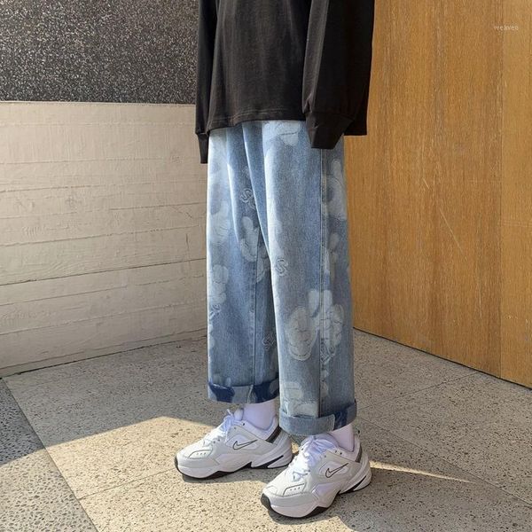 

men's jeans 2021 spring and winter new jacquard craft wide-leg pants jeans loose casual fashion young men's clothing1, Blue