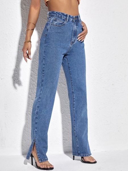 

high waist split hem jeans m5zf#, Blue
