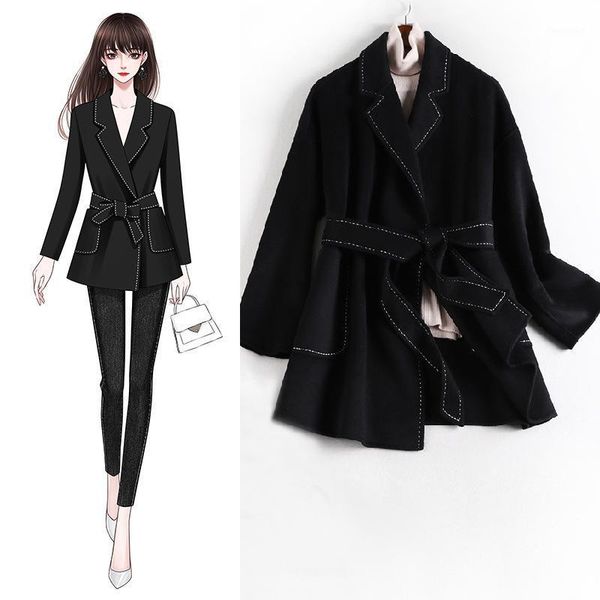

large chinese woolen coat 2020 fashion waist slim women wear 88681, Black