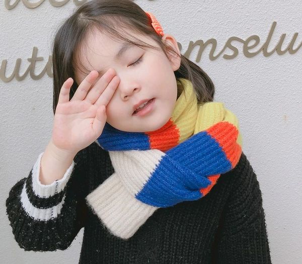 

autumn winter new color striped knitted wool children's scarf wild cute boys girls warm bibs to protect against the cold11, Blue;gray