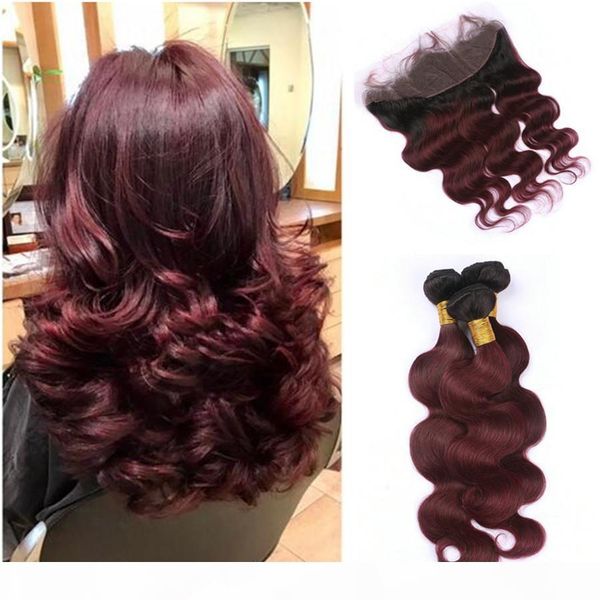 

dark root ombre 1b 99j burgundy two tone human hair weft bundles with full frontals wine red ombre body wave human hair weaves, Black;brown
