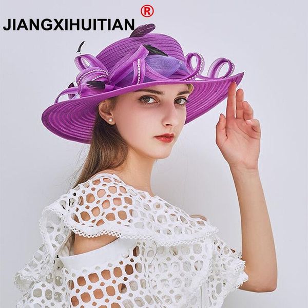 

2018 luxury black large wide brim linen fedora vintage floral feather elegant summer hats for women church kentucky derby hats qylfka, Black;white