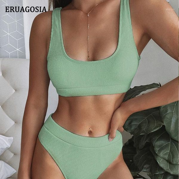 

women's swimwear ribbed bikini high waist swimsuit sport bikinis set 2021 swim push up bandage bathing suit women beachwear biquini1, White;black