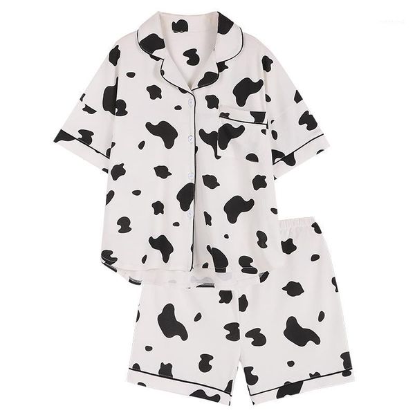 

lovely cow print nightgowns for women summer soft shirts and pants pajama kawaii lolita girls homewear femme cartoon sleepwear1, Black;red