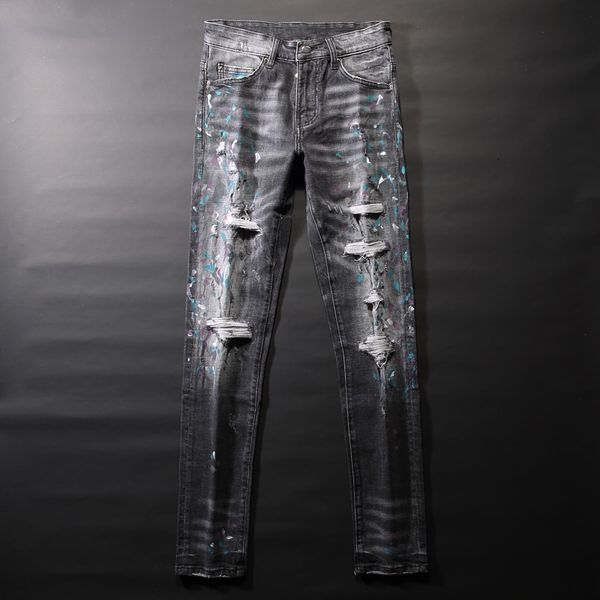

2021 new american streetwear fashion men retro black gray painted designer ripped jeans slim fit elastic hip hop pants ezz1, Blue
