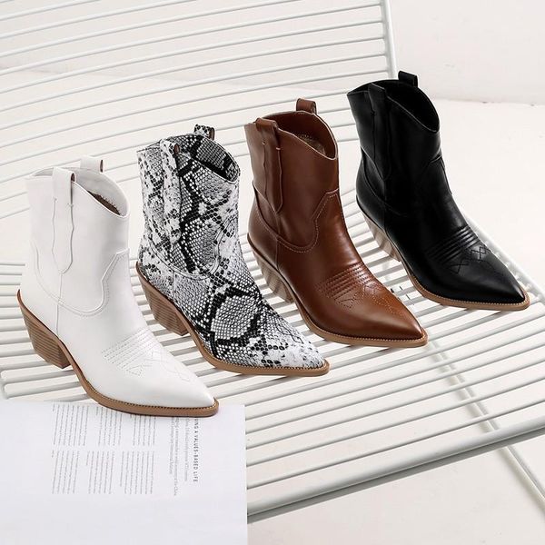 

boots handmade western cowboy women brown shoes 2021 winter pointed toe slip on high heels snake ankle size 9 421, Black