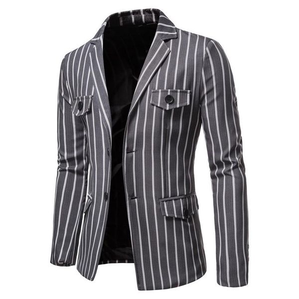 

2020 new flat collar men's blazers casual single breasted fashion striped mens blazer jacket autumn multiple pockets blazer men, White;black