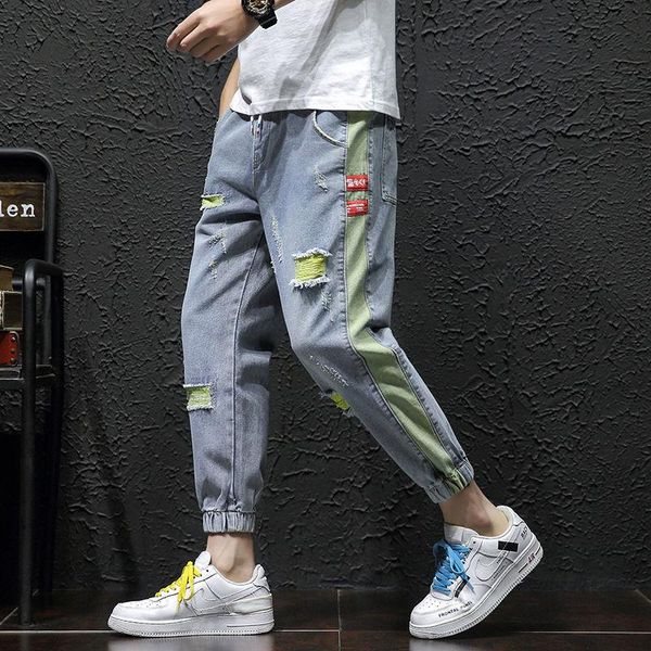 

men's jeans ripped thin section nine-point loose stitching harem trousers tied color contrast large size pants tide brand, Blue