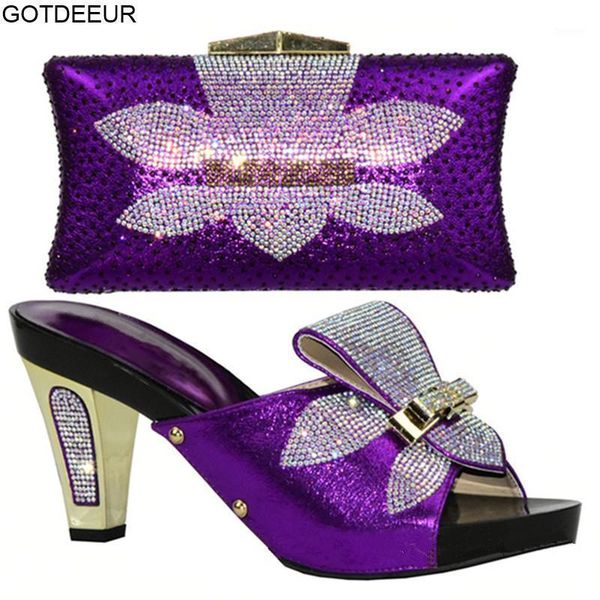 

new arrival purple color matching shoes and bag set decorated with rhinestoen nigerian shoes and bag set for women italy1, Black