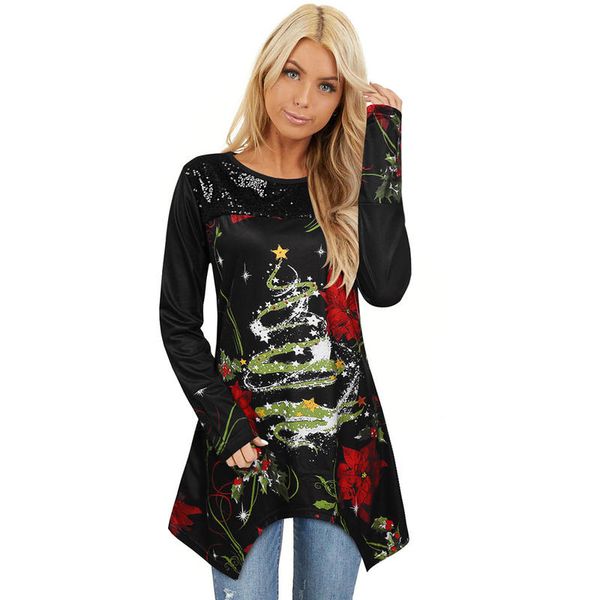 

women christmas printed round neck long-sleeve blouse bottoming t-shirts, White