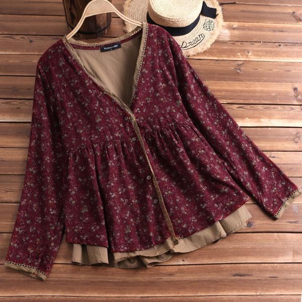 

florho women floral blouse vintage lace shirt v neck cardigan button cotton linen loose blusa feminina plus size l 5xl, White