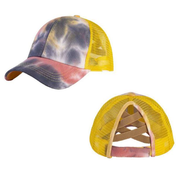 

washed tie dye mesh ponytail ball hats womens designers criss cross messy buns ponycaps baseball cap adjustable trucker snapbacks hh2307, Yellow