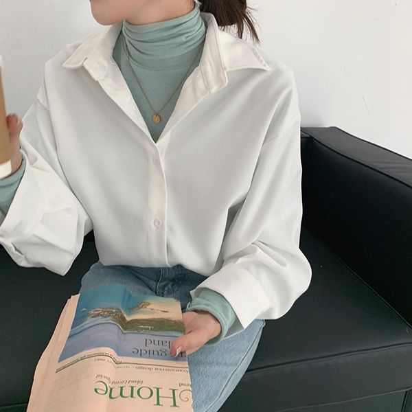 

solid vintage blouse women long sleeve shirts mujer autumn 2021 loose blouse plus size white blusa femme korean style 11188