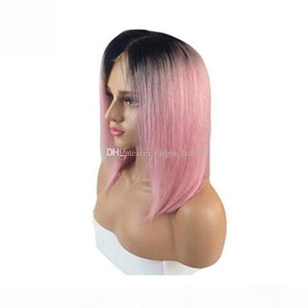 

dark black root pink straight lace front wig straight hair short bob lace wig africa american cosplay wigs for woman 100% human hair, Black;brown