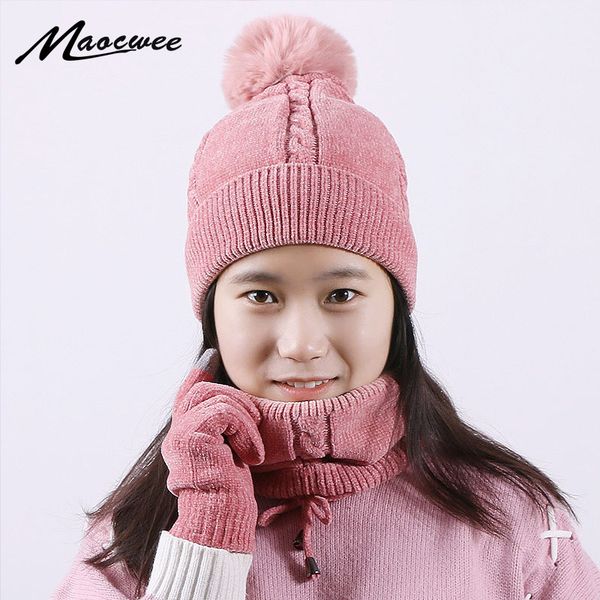 

3 pc women winter knitted beanie hat scarf gloves sets fashion knitted warm pompon cap gorros ring scarf touchscreen gloves set 201020, Blue;gray