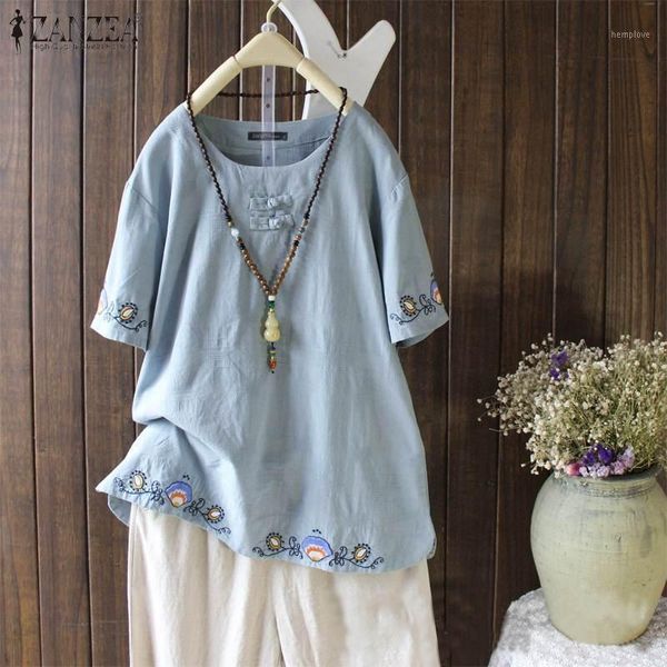 

zanzea 2020 kafant embroidery women's casual blouse short sleeve blusas female button tunic plus size summer chemise 5xl1, White