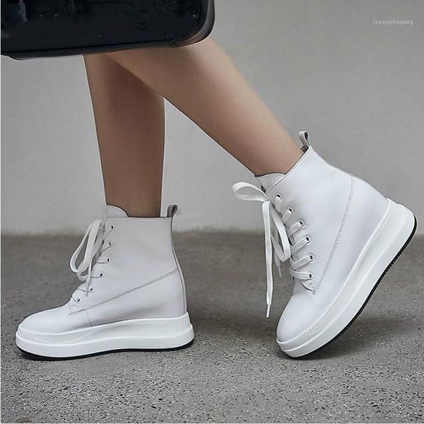 

winter ankle boots women genuine leather height increasing high heels lace up short boots round toe shoes ladies autumn1, Black