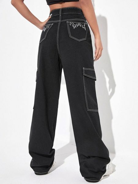 

high waisted fire print stitch detail cargo jeans k8fm#, Blue