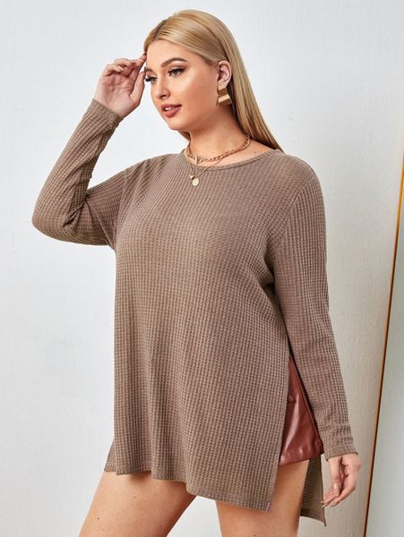 

plus split side waffle knit tee i5wi#, Black