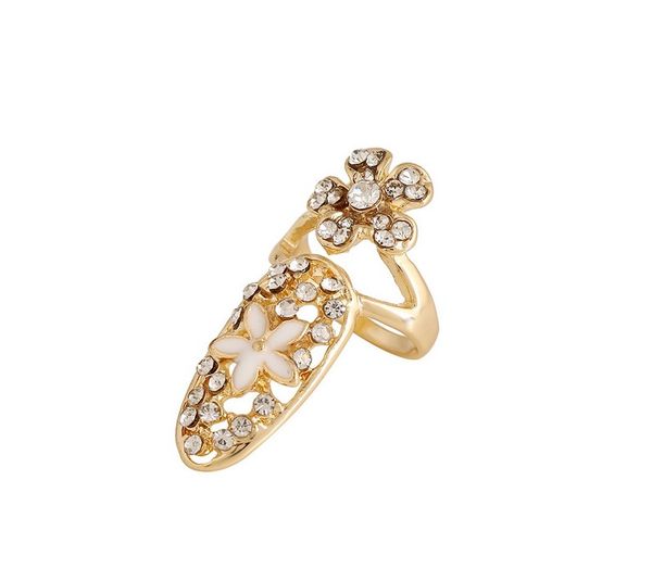 

womens flower nail cover rings crystal charming flowers silver/gold tone nail amor fingernail protection rings 2 styles
