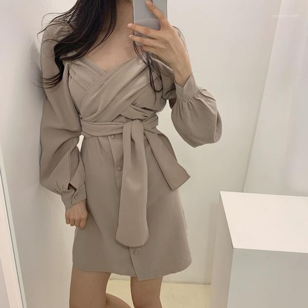 

casual dresses mazefeng 2021 spring summer women dresseses single-breasted lace up bow elegant high waist korean style mini1, Black;gray