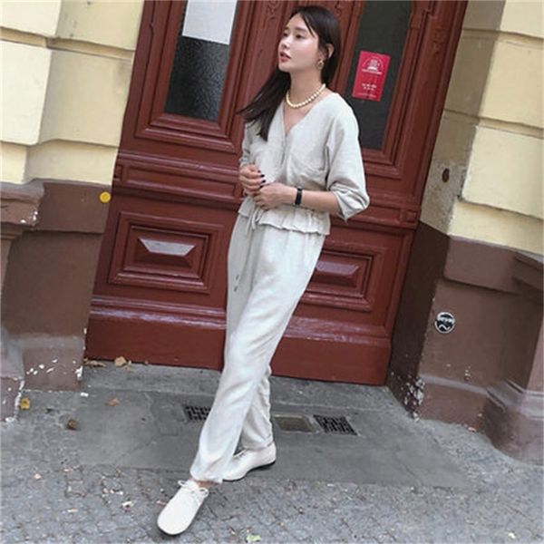 

2021 new solid color spring and summer sleeve with v-neck coveralls feminine waist flounces casual fashion straight overalls po6t, Black;white