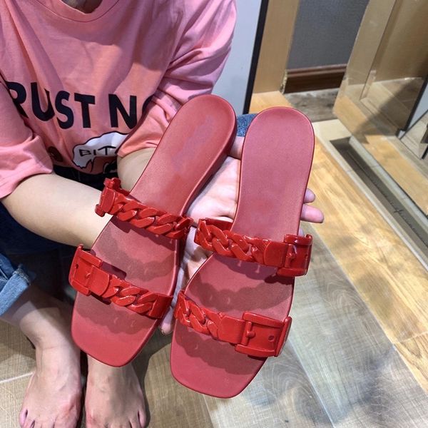 

women jelly rubber slide sandal chain slipper flip flop button sandal fashion summer beach flat slipper with box, Black