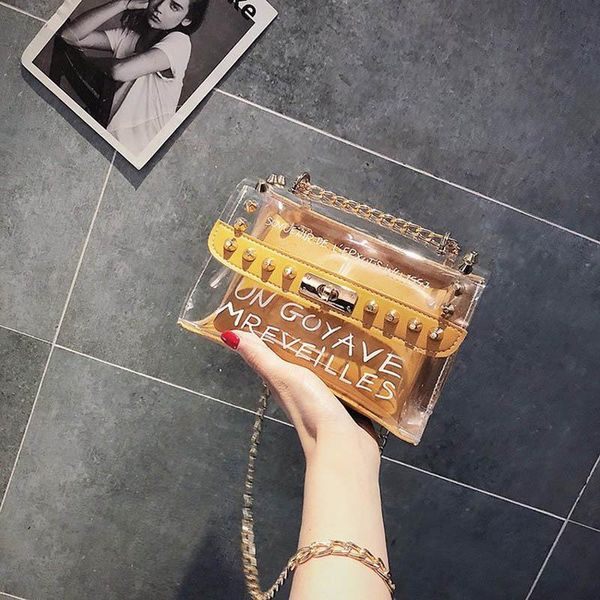 

2020 women transparent bag pvc jelly bag messenger bags female rivet shoulder bags fashion handbags chain womens' pouch