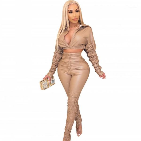 

pu leather club outfits for women deep v neck crop and pants two piece set fashion new solid color drap high waist set1, Gray