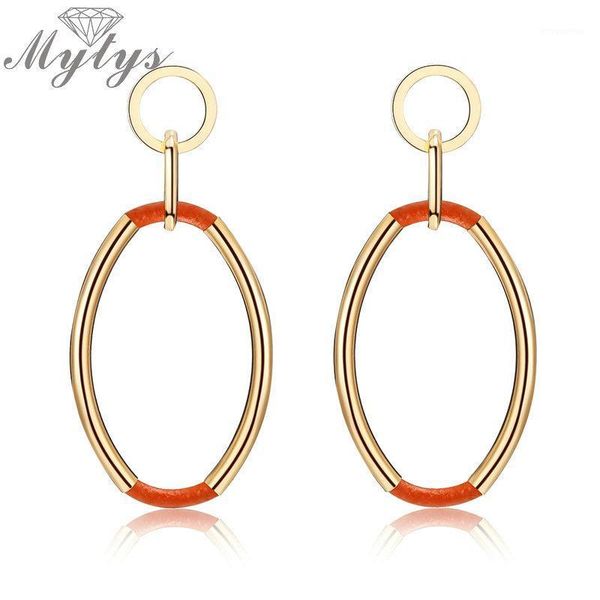 

mytys fashion oval drop earrings leather and copper trendy dangle earrings for women super star party jewelry ce374 ce375 ce3761, Silver