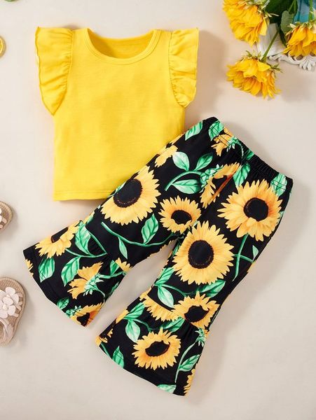 

baby ruffle sleeve tank & sunflower print flare leg pants she, White