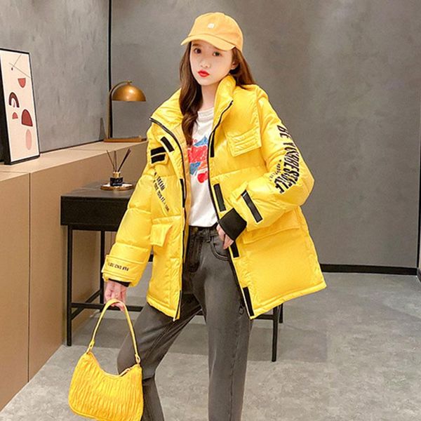 

women's down & parkas winter cotton jacket thick women short loose hooded letters fashion streetwear outerwear warm glossy coat parka d, Black