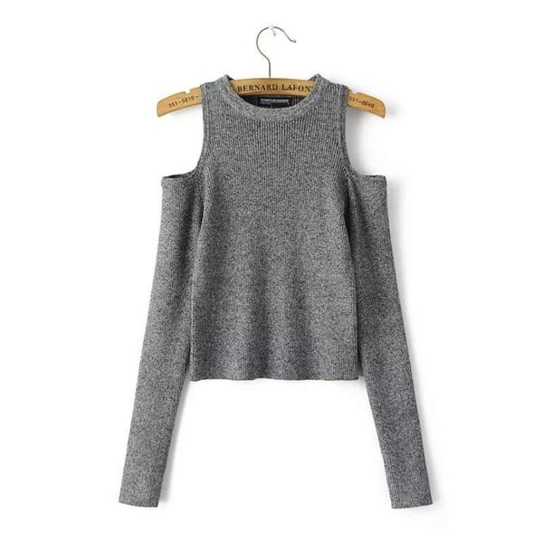 

neck new round 8058-132 spring solid off shoulder long sleeve slim fit versatile knit t-shirt, Black;gray