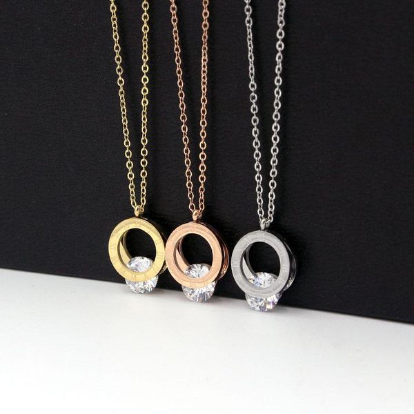 

pendant necklaces fashion stainless steel love circle crystal roman numerals round rose gold color women female gift, Silver