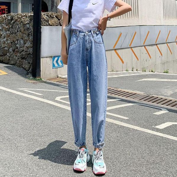 

women's jeans loose denim ankle banded boyfriend ankle-length pants for women streetwear daddy straight leg trousers female, Blue
