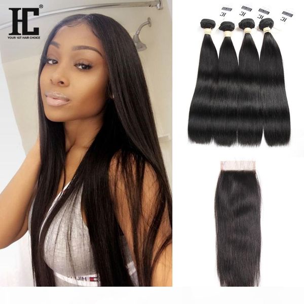 

brazilian straight human hair weaves extensions 4 bundles with closure middle 3 part double weft dyeable bleachable 100g pc, Black