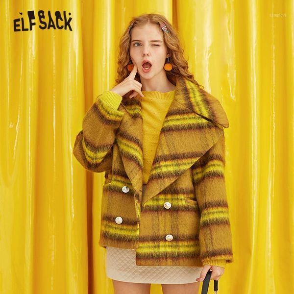

elfsack plaid leopard embroidery straight double breasted wool coats women 2020 winter letter printed casual female warm outwear1, Black