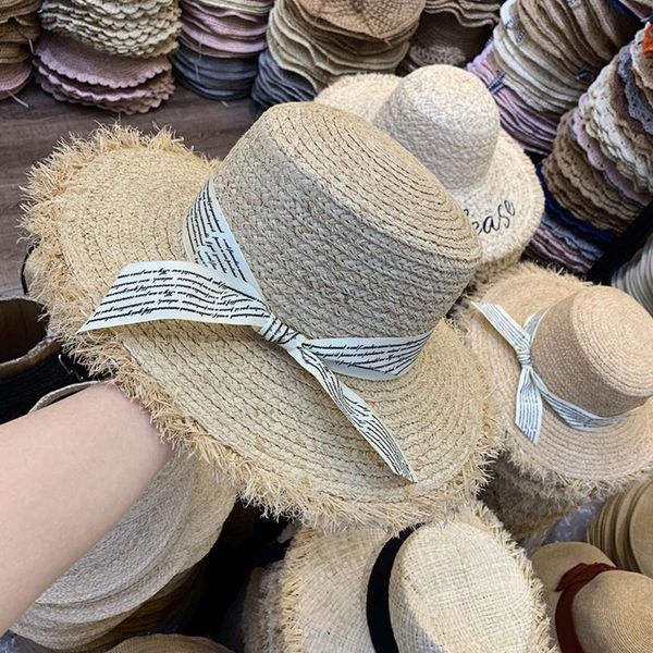 

straw spring and summer women's big cornice lafite sun protection hat beach holiday, Blue;gray